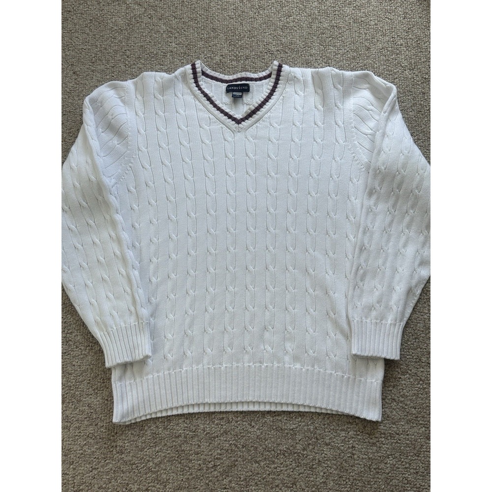 Vintage Lands' End V-Neck Knit Sweater Women's Size Medium 38-40 White Y2K